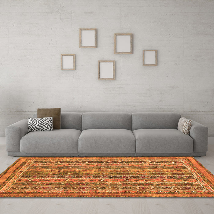 Machine Washable Abstract Orange Modern Area Rugs in a Living Room, wshabs2450org