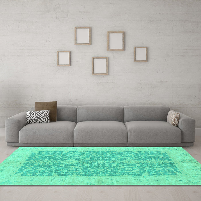 Machine Washable Oriental Turquoise Traditional Area Rugs in a Living Room,, wshabs2459turq