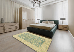 Abstract Brown Gold Oriental Rug in a Bedroom, abs2459