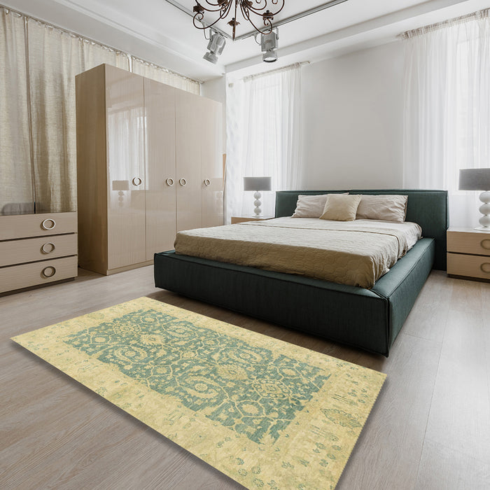 Abstract Brown Gold Oriental Rug in a Bedroom, abs2459
