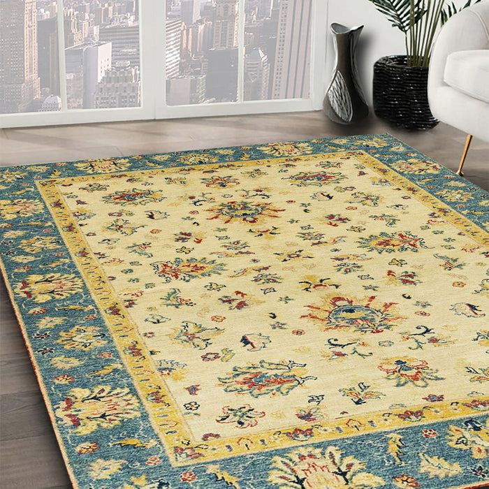 Abstract Chrome Gold Yellow Oriental Rug in Family Room, abs2462