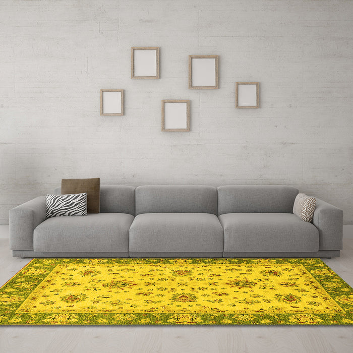 Machine Washable Oriental Yellow Traditional Rug in a Living Room, wshabs2462yw