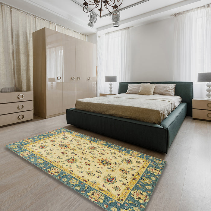 Abstract Chrome Gold Yellow Oriental Rug in a Bedroom, abs2462