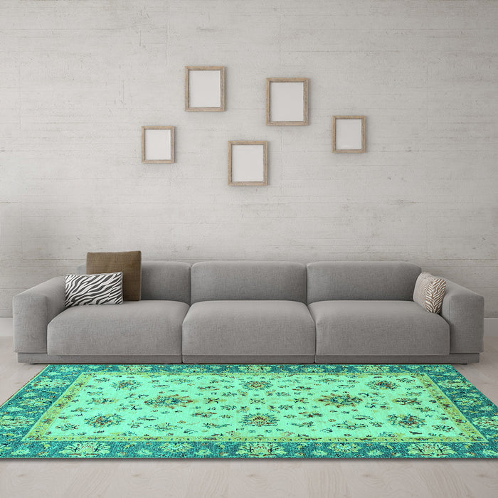 Machine Washable Oriental Turquoise Traditional Area Rugs in a Living Room,, wshabs2462turq