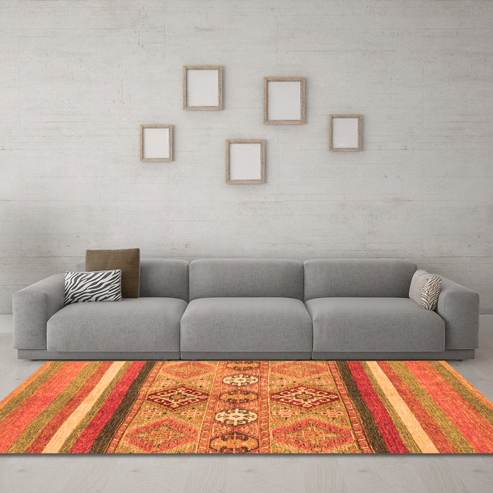Machine Washable Abstract Orange Modern Area Rugs in a Living Room, wshabs2463org