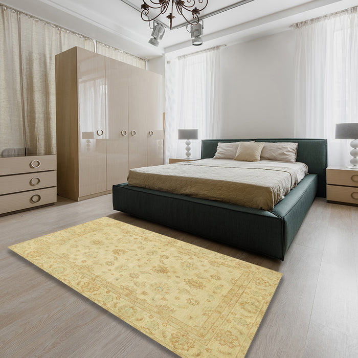 Abstract Mustard Yellow Oriental Rug in a Bedroom, abs2466