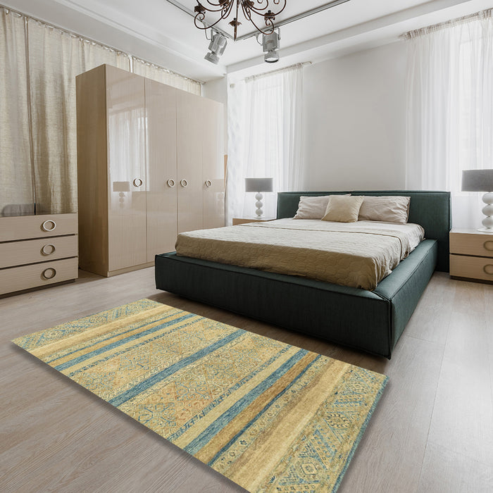 Machine Washable Abstract Brass Green Rug in a Bedroom, wshabs2467
