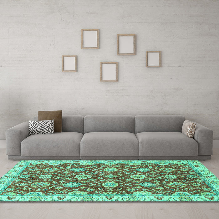 Machine Washable Oriental Turquoise Traditional Area Rugs in a Living Room,, wshabs2471turq