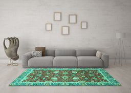 Machine Washable Oriental Turquoise Traditional Area Rugs in a Living Room,, wshabs2472turq