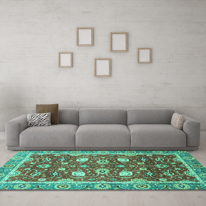 Machine Washable Oriental Turquoise Traditional Area Rugs in a Living Room,, wshabs2472turq