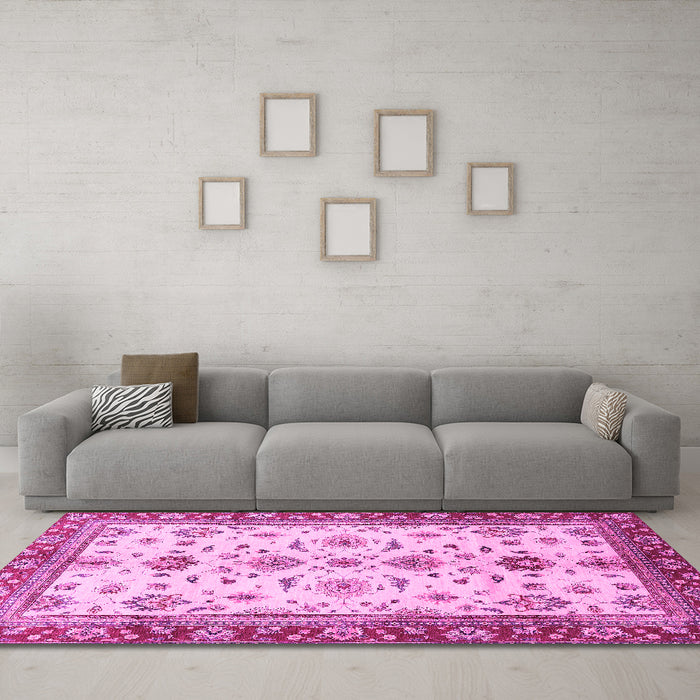 Machine Washable Oriental Pink Traditional Rug in a Living Room, wshabs2473pnk
