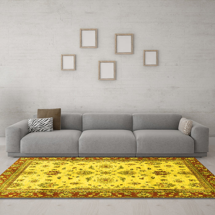 Machine Washable Oriental Yellow Traditional Rug in a Living Room, wshabs2473yw