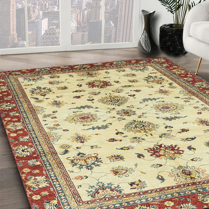 Abstract Brown Gold Oriental Rug in Family Room, abs2473