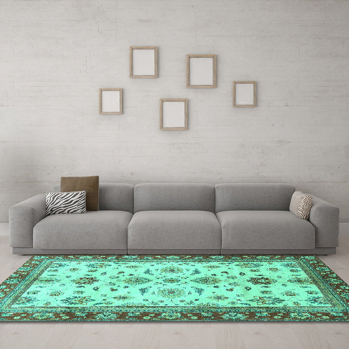 Machine Washable Oriental Turquoise Traditional Area Rugs in a Living Room,, wshabs2473turq