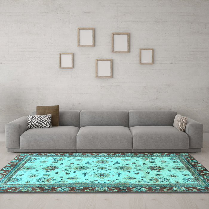 Machine Washable Oriental Light Blue Traditional Rug in a Living Room, wshabs2473lblu