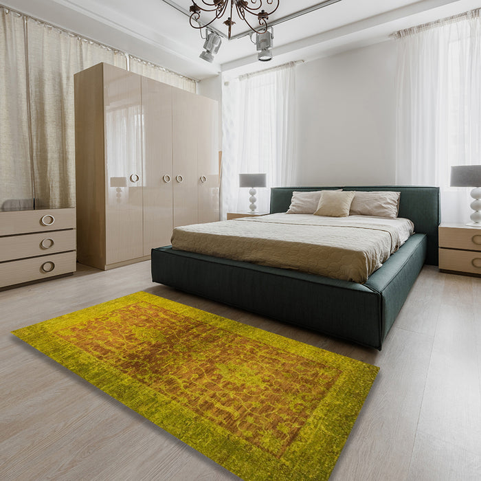 Abstract Orange Gold Modern Rug in a Bedroom, abs2475