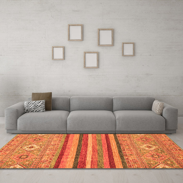 Machine Washable Abstract Orange Modern Area Rugs in a Living Room, wshabs2480org