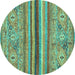 Round Machine Washable Abstract Turquoise Modern Area Rugs, wshabs2482turq