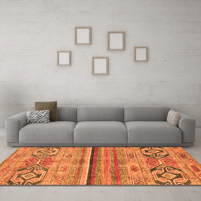 Machine Washable Abstract Orange Modern Area Rugs in a Living Room, wshabs2483org