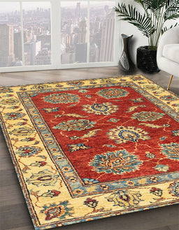 Abstract Metallic Gold Oriental Rug in Family Room, abs2487