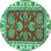 Round Machine Washable Oriental Turquoise Traditional Area Rugs, wshabs2487turq