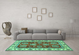 Machine Washable Oriental Turquoise Traditional Area Rugs in a Living Room,, wshabs2487turq