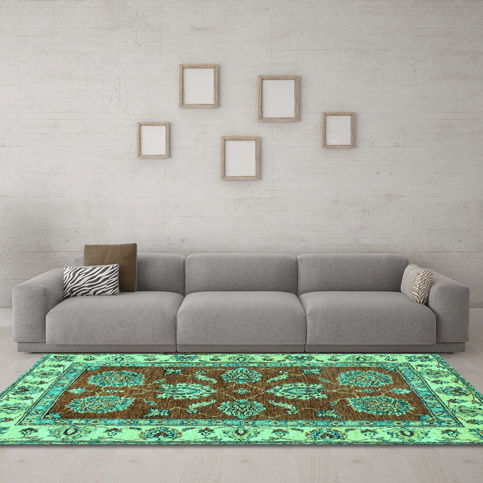 Machine Washable Oriental Turquoise Traditional Area Rugs in a Living Room,, wshabs2487turq