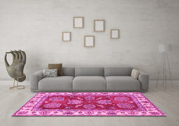 Machine Washable Oriental Pink Traditional Rug in a Living Room, wshabs2487pnk