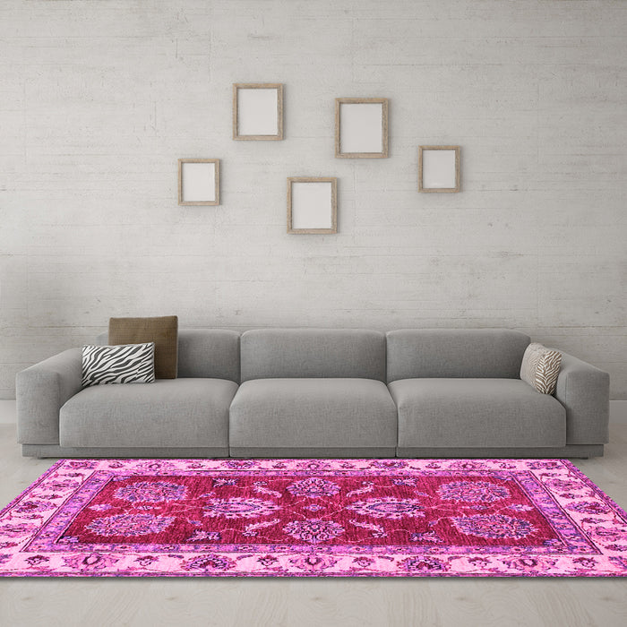 Machine Washable Oriental Pink Traditional Rug in a Living Room, wshabs2487pnk