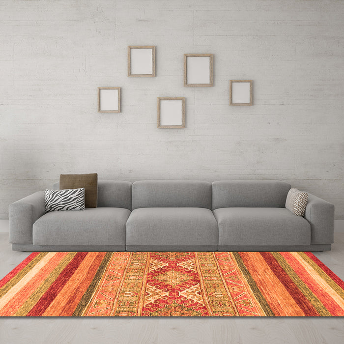 Machine Washable Abstract Orange Modern Area Rugs in a Living Room, wshabs2490org