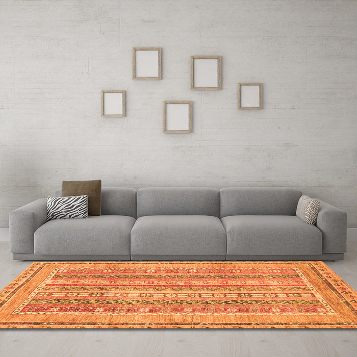 Machine Washable Abstract Orange Modern Area Rugs in a Living Room, wshabs2491org