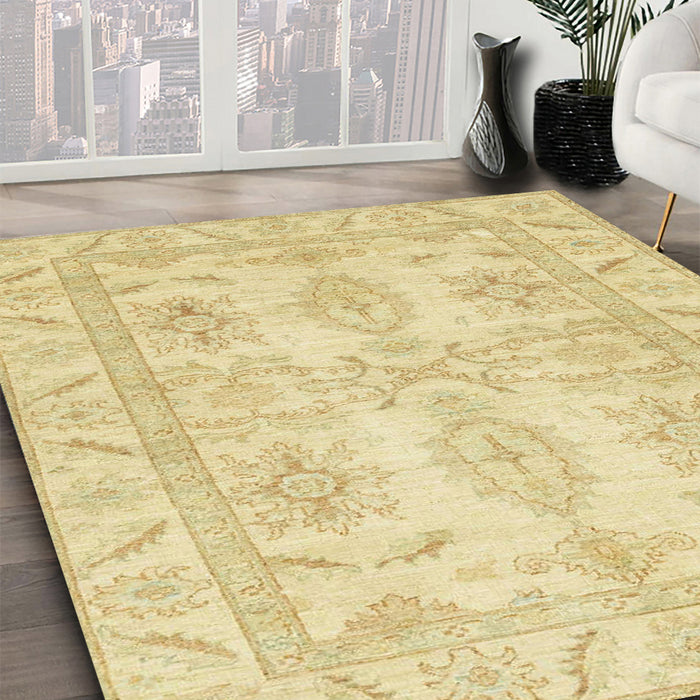 Abstract Mustard Yellow Oriental Rug in Family Room, abs2492