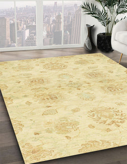 Abstract Chrome Gold Yellow Oriental Rug in Family Room, abs2493