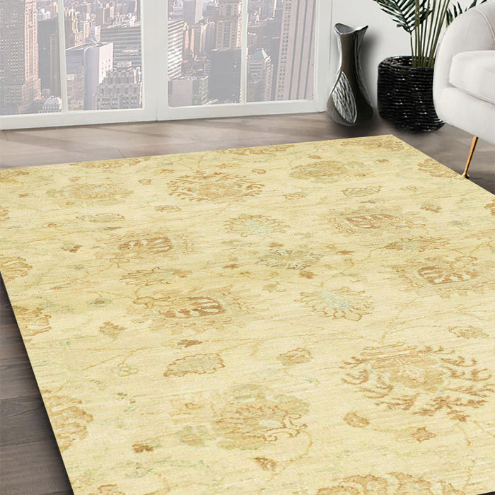 Abstract Chrome Gold Yellow Oriental Rug in Family Room, abs2493