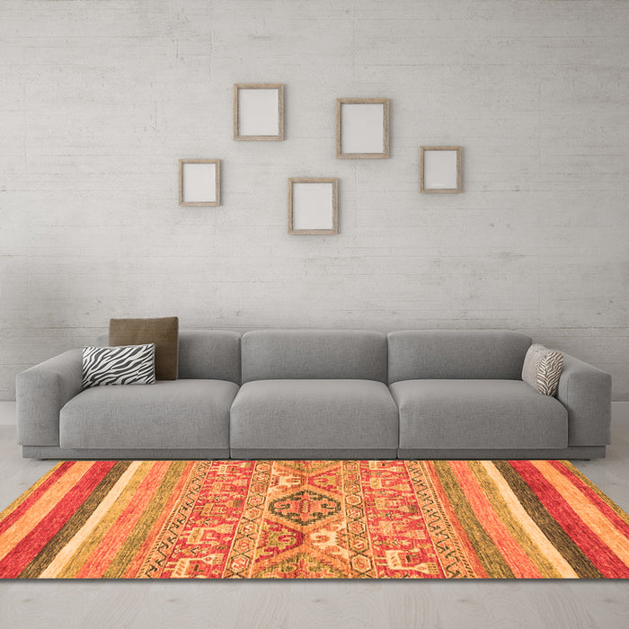 Machine Washable Abstract Orange Modern Area Rugs in a Living Room, wshabs2494org
