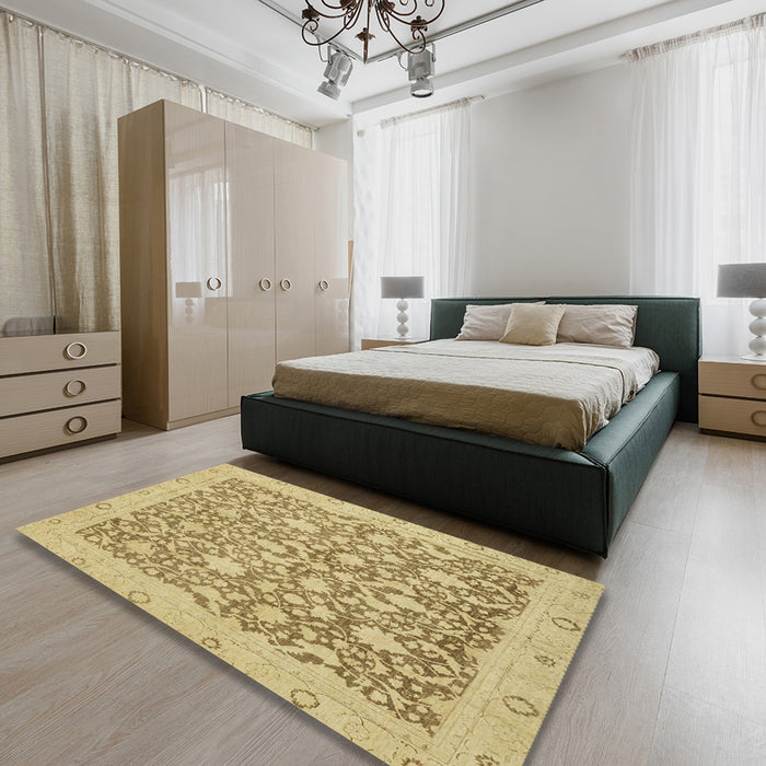 Abstract Cinnamon Brown Oriental Rug in a Bedroom, abs2497