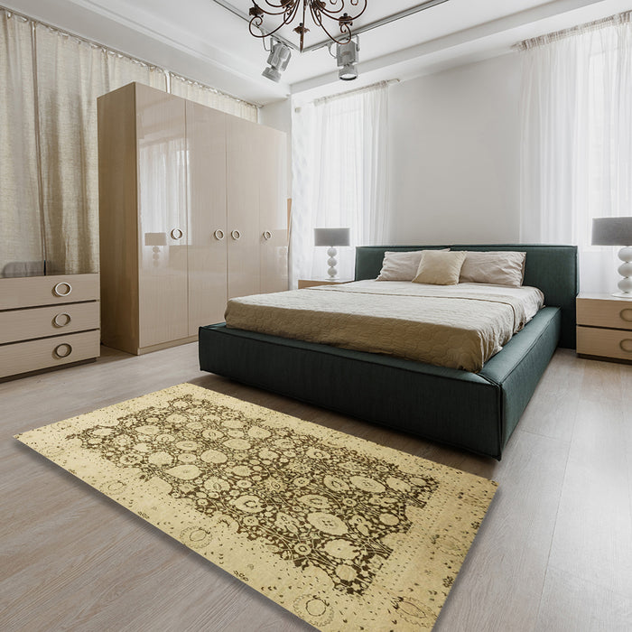 Abstract Light Brown Oriental Rug in a Bedroom, abs2498