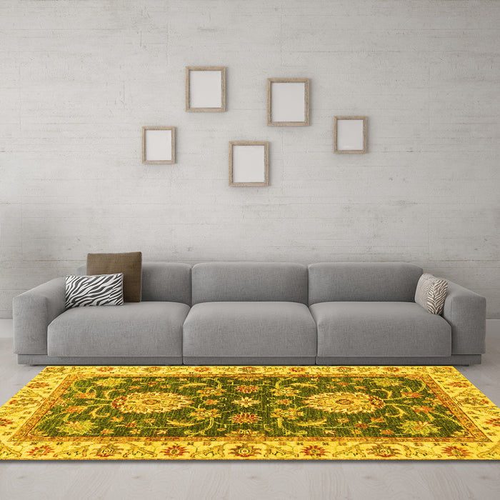 Machine Washable Oriental Yellow Traditional Rug in a Living Room, wshabs2499yw