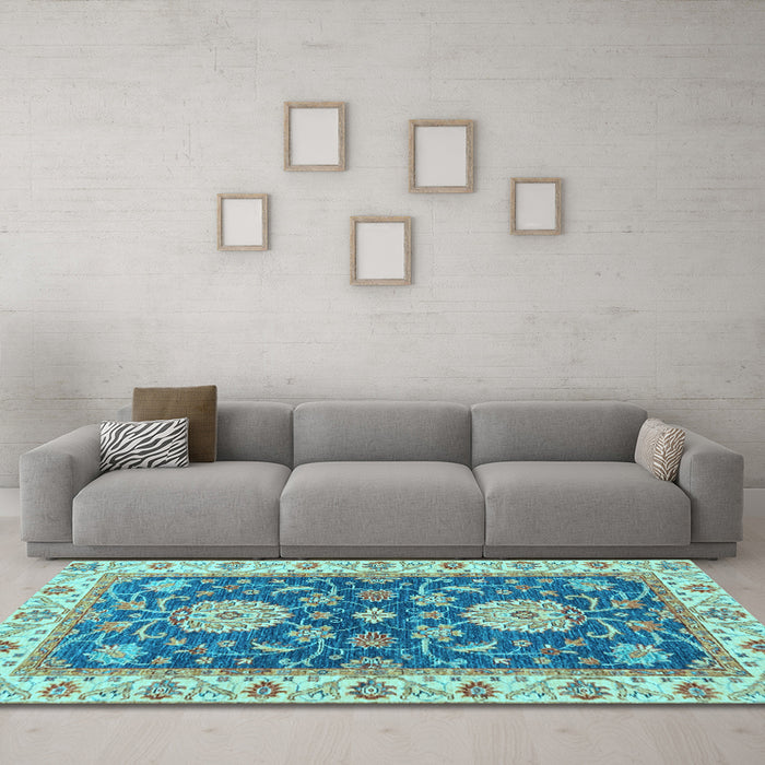 Machine Washable Oriental Light Blue Traditional Rug in a Living Room, wshabs2499lblu