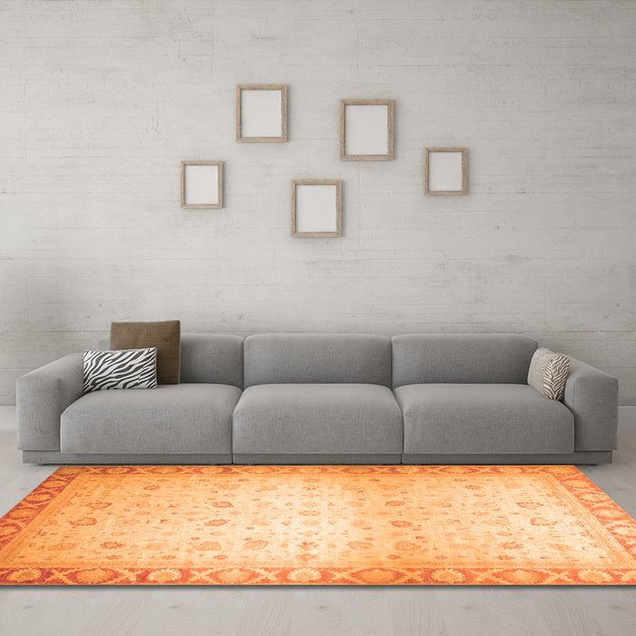 Machine Washable Abstract Orange Modern Area Rugs in a Living Room, wshabs24org