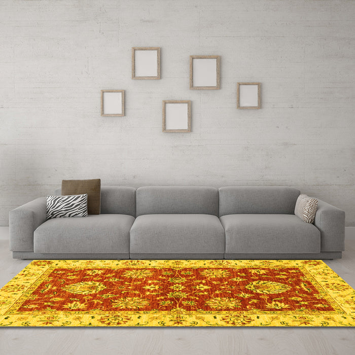 Machine Washable Oriental Yellow Traditional Rug in a Living Room, wshabs2500yw