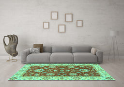 Machine Washable Oriental Turquoise Traditional Area Rugs in a Living Room,, wshabs2500turq