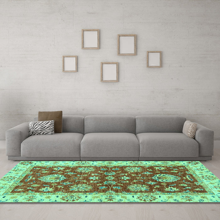 Machine Washable Oriental Turquoise Traditional Area Rugs in a Living Room,, wshabs2500turq