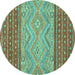 Round Machine Washable Southwestern Turquoise Country Area Rugs, wshabs2504turq