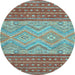 Round Machine Washable Southwestern Light Blue Country Rug, wshabs2504lblu