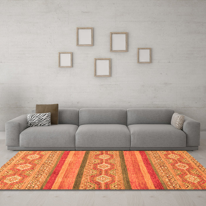Machine Washable Abstract Orange Modern Area Rugs in a Living Room, wshabs2506org
