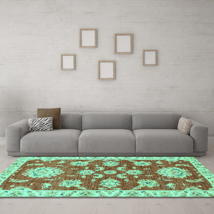 Machine Washable Oriental Turquoise Traditional Area Rugs in a Living Room,, wshabs2508turq
