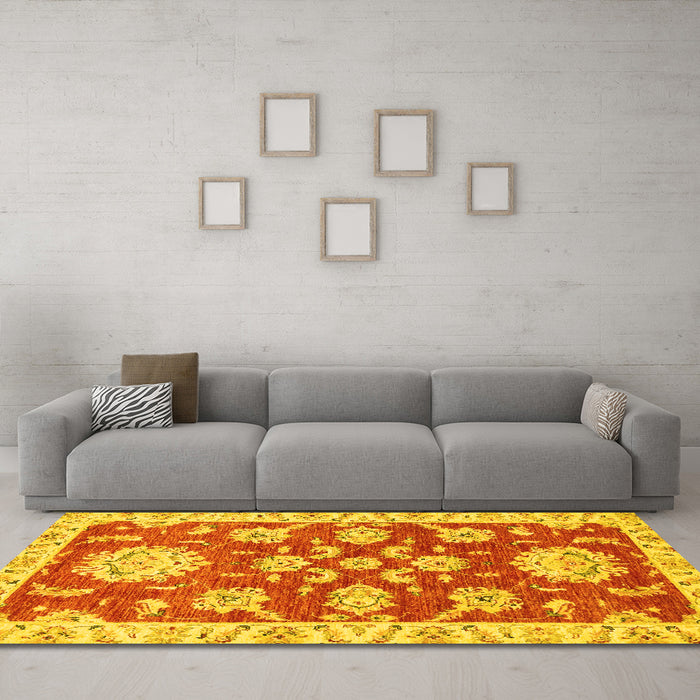 Machine Washable Oriental Yellow Traditional Rug in a Living Room, wshabs2508yw