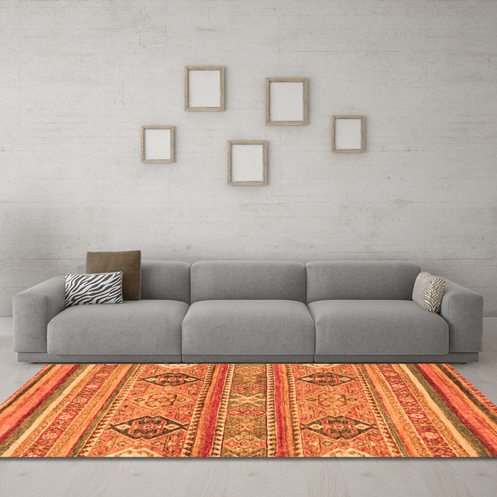 Machine Washable Abstract Orange Modern Area Rugs in a Living Room, wshabs2509org
