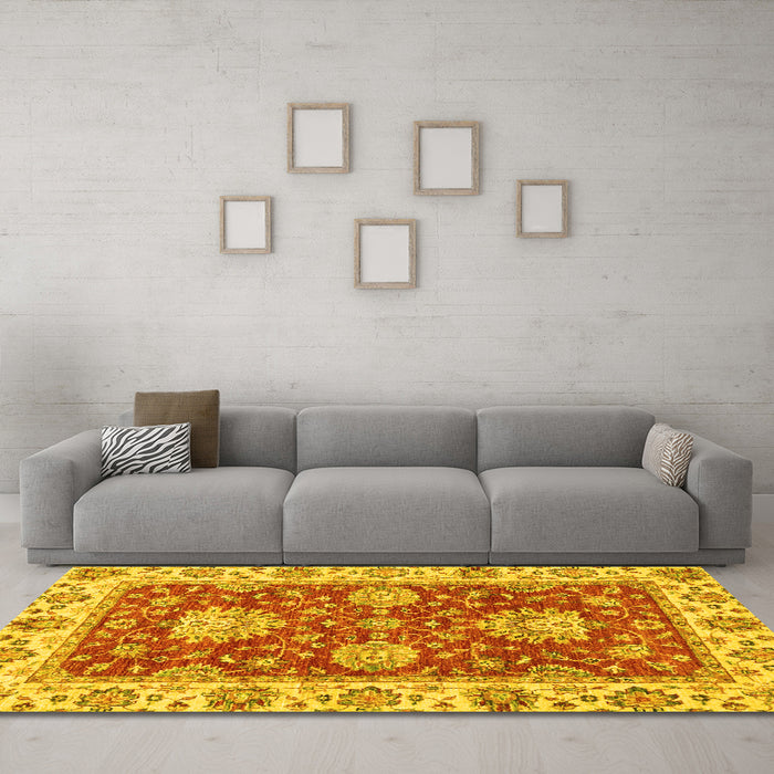 Machine Washable Oriental Yellow Traditional Rug in a Living Room, wshabs2510yw